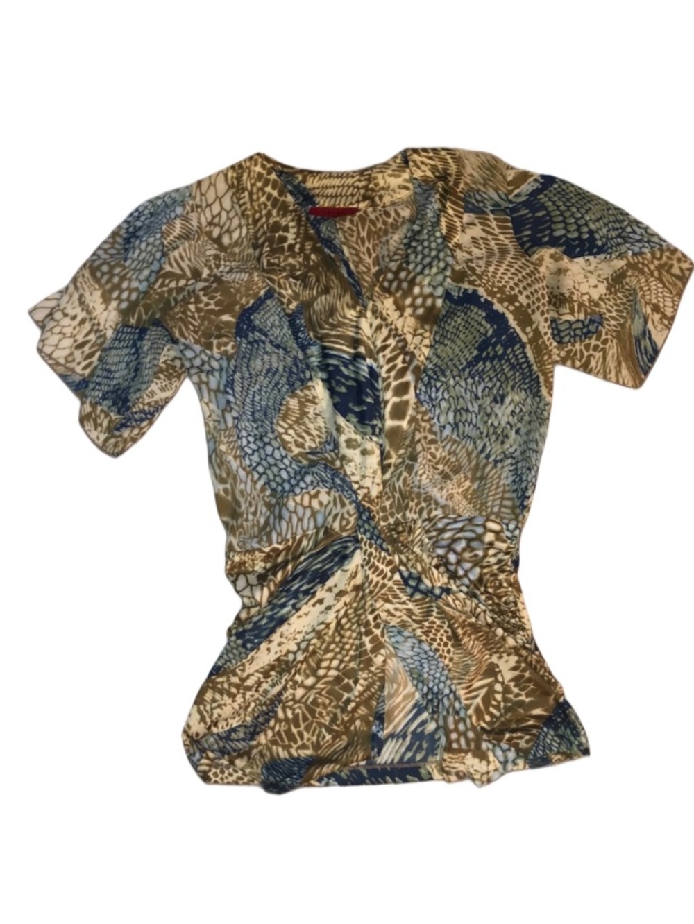 Akira Chicago Ruched Abstract Print Tunic in Blue, Green, and Gold